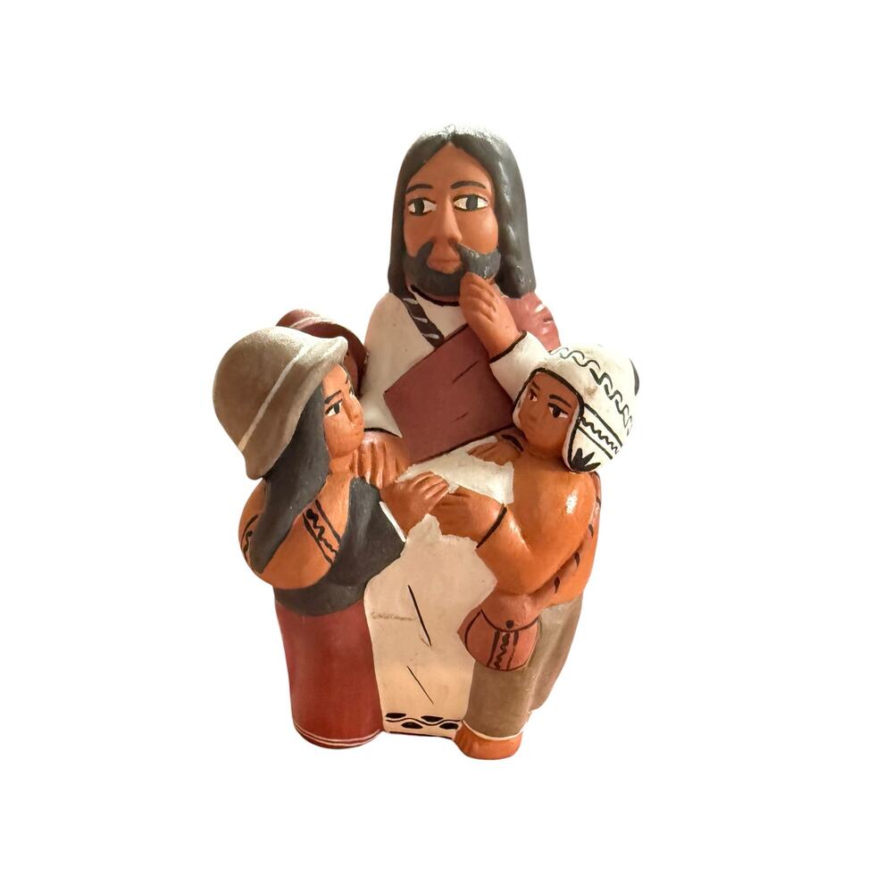 Maurelio H.S. Peru Folk Art Jesus & Children Terracotta Figurine Signed